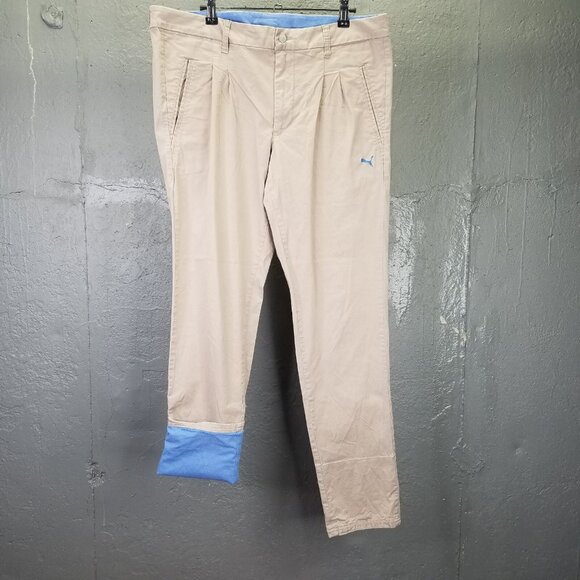 Puma Chino Pants Men's L Beige Pleated Flip Cuff Casual Trouser Stretch Cotton - Picture 1 of 16
